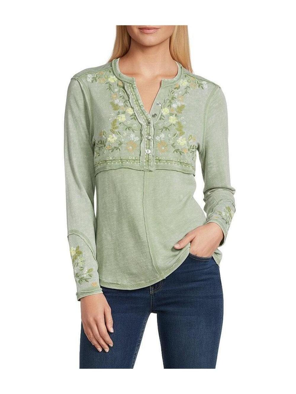 Reba Sedona Jersey Dillards Boho Embroidered L Large Distressed Loden Henley - Picture 7 of 7